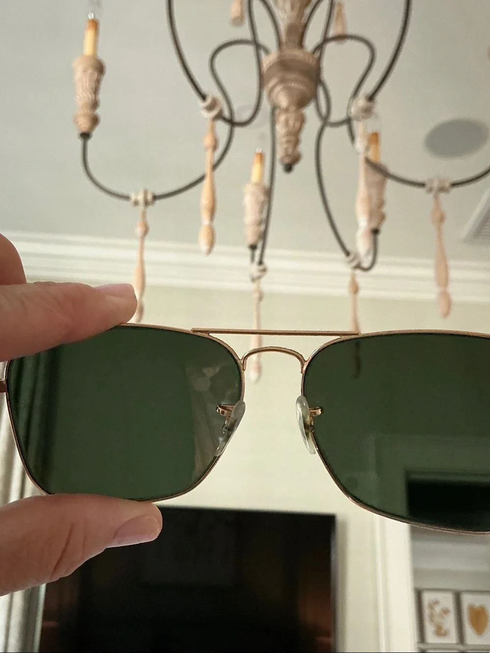 Ray-Ban Gold Frame Sunglasses with Dark Green Lenses and Brown Case